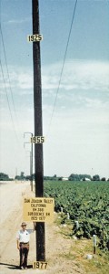 A utility pole in 1975 documents that land in the San Joaquin Valley had sunk nearly 30 feet. Credit: US Geological Survey